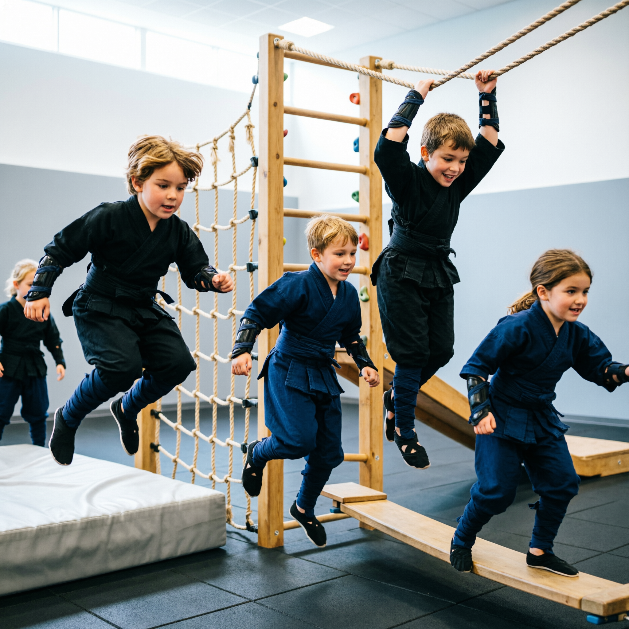 european kids doing ninja warrior obstacle course in modern bright gym with colorful mats and ropes